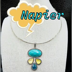 Napier Statement Choker Necklace Silver Tone Faceted Glass Pendant